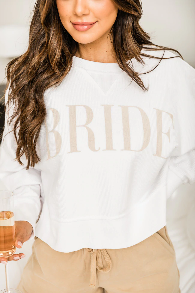 Bride Varsity White Cropped Corded Graphic Sweatshirt